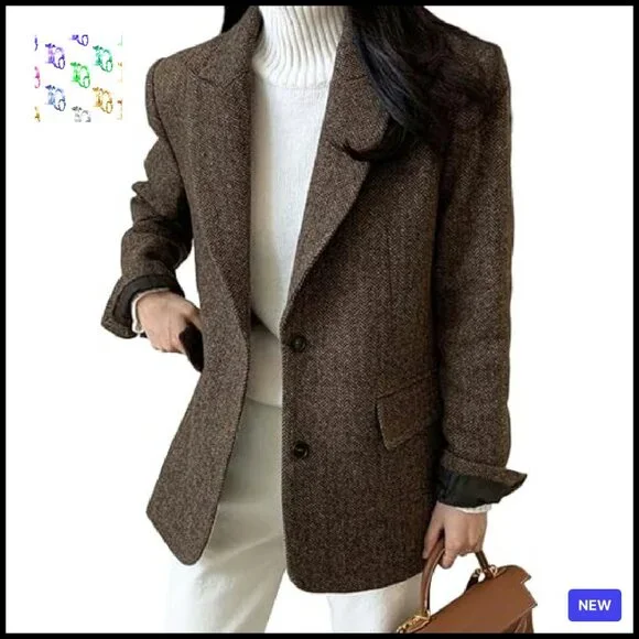 Herringbone Wool Blend Blazer Classic Elegant Work Business Chic Fall Winter - Picture 2 of 8